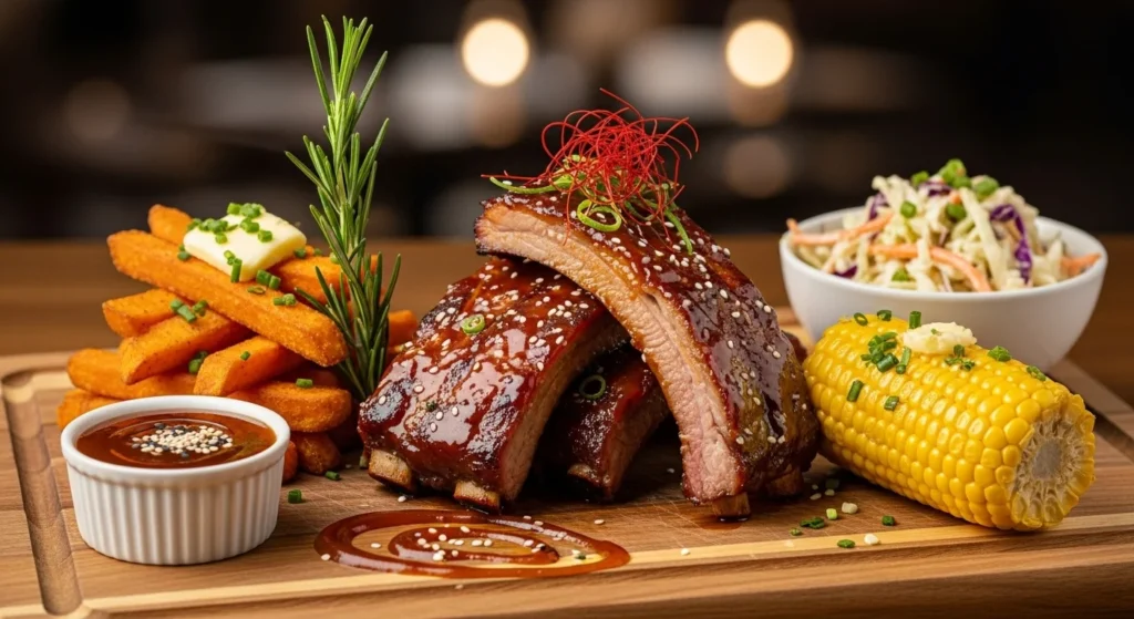 A beautifully plated honey BBQ chicken dish garnished with fresh herbs and served with sides.