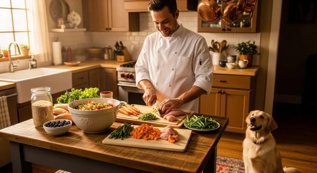 A chef preparing chicken dog food in a cozy kitchen.