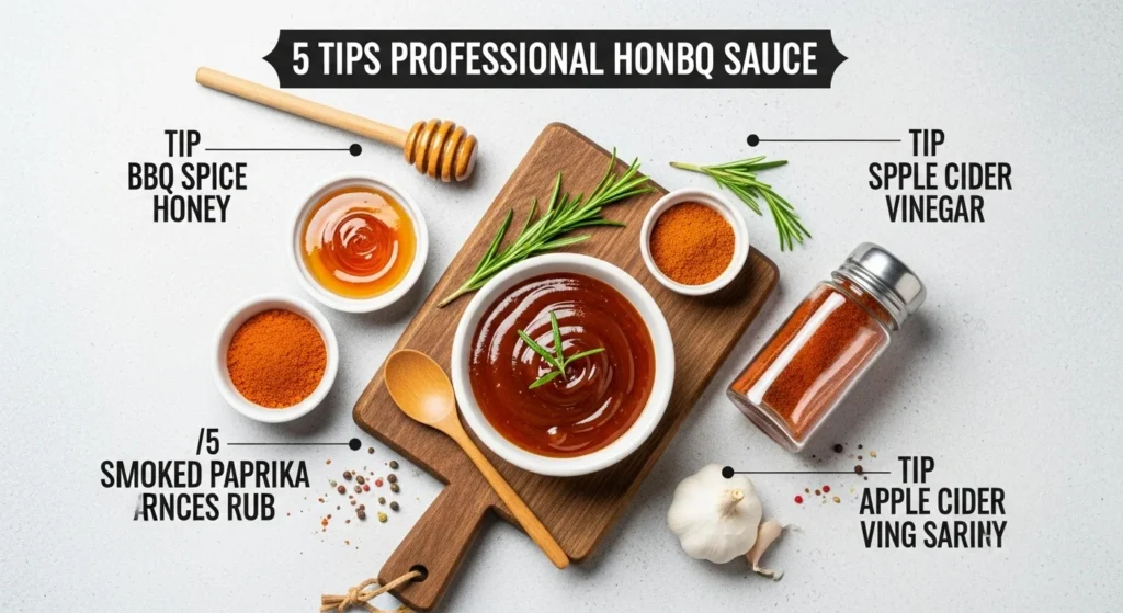 Visual representation of pro tips for making honey BBQ, with text overlays for each tip.