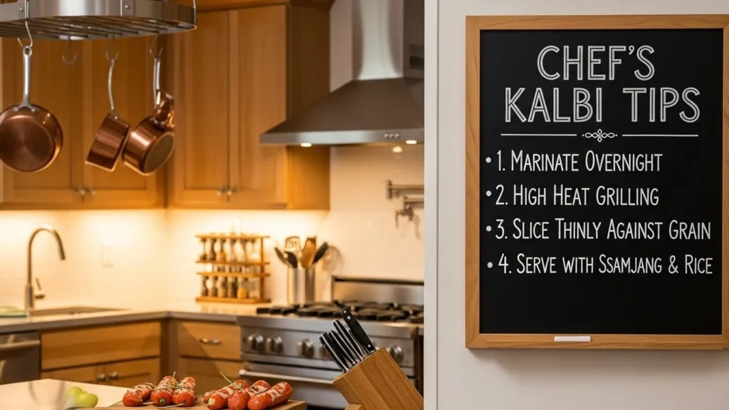 Chef's tips for making kalbi beef with marinated beef and grilling techniques.