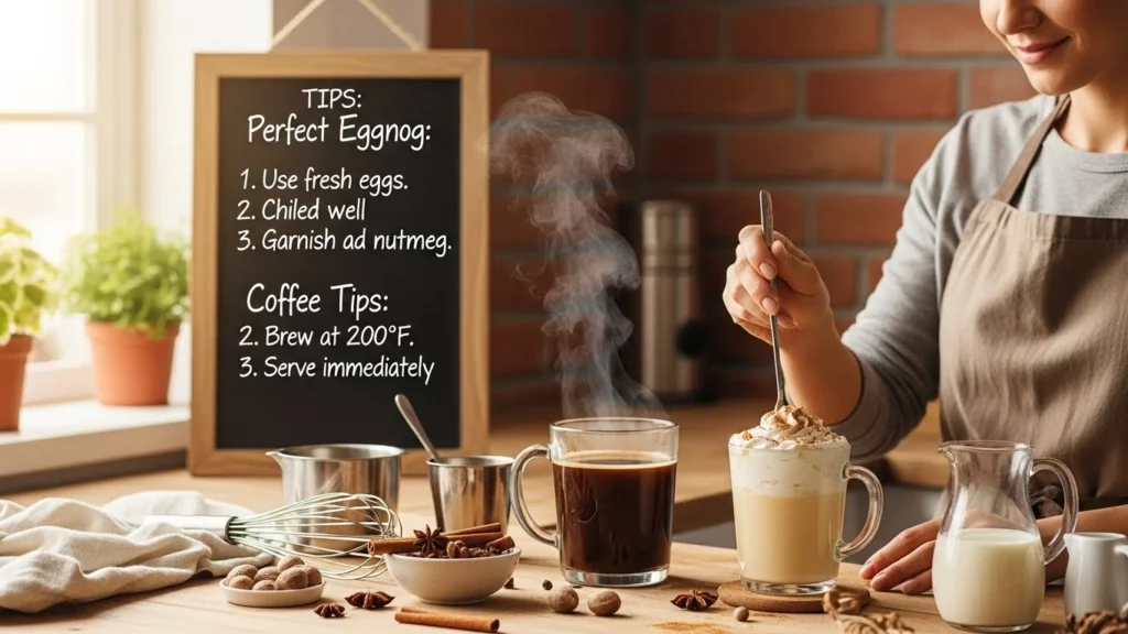 A person preparing eggnog and coffee with pro tips displayed on a chalkboard.