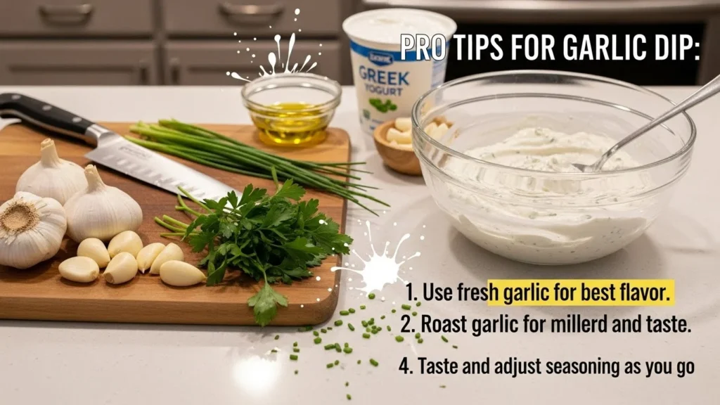 Pro tips for making garlic dip displayed in a kitchen setting.
