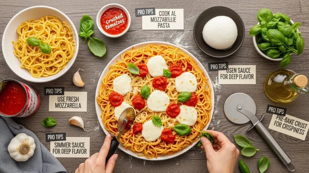 Pro tips for making spaghetti pizza displayed with fresh ingredients.