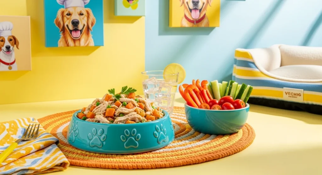 A beautifully set dining area for dogs with chicken dog food.