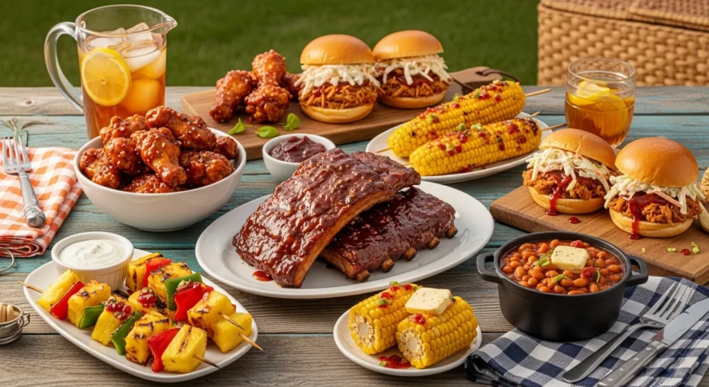 A variety of serving suggestions for honey BBQ, including fries, coleslaw, and grilled vegetables on a picnic table.