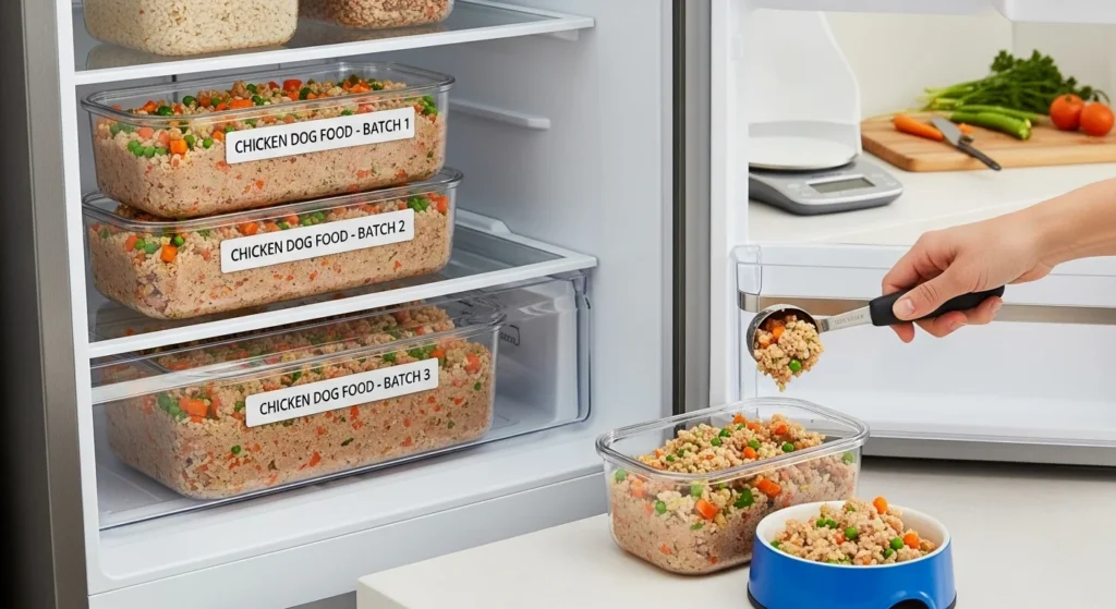 Storing chicken dog food in airtight containers.