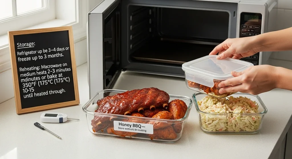 Containers for storing honey BBQ leftovers with instructions for reheating.