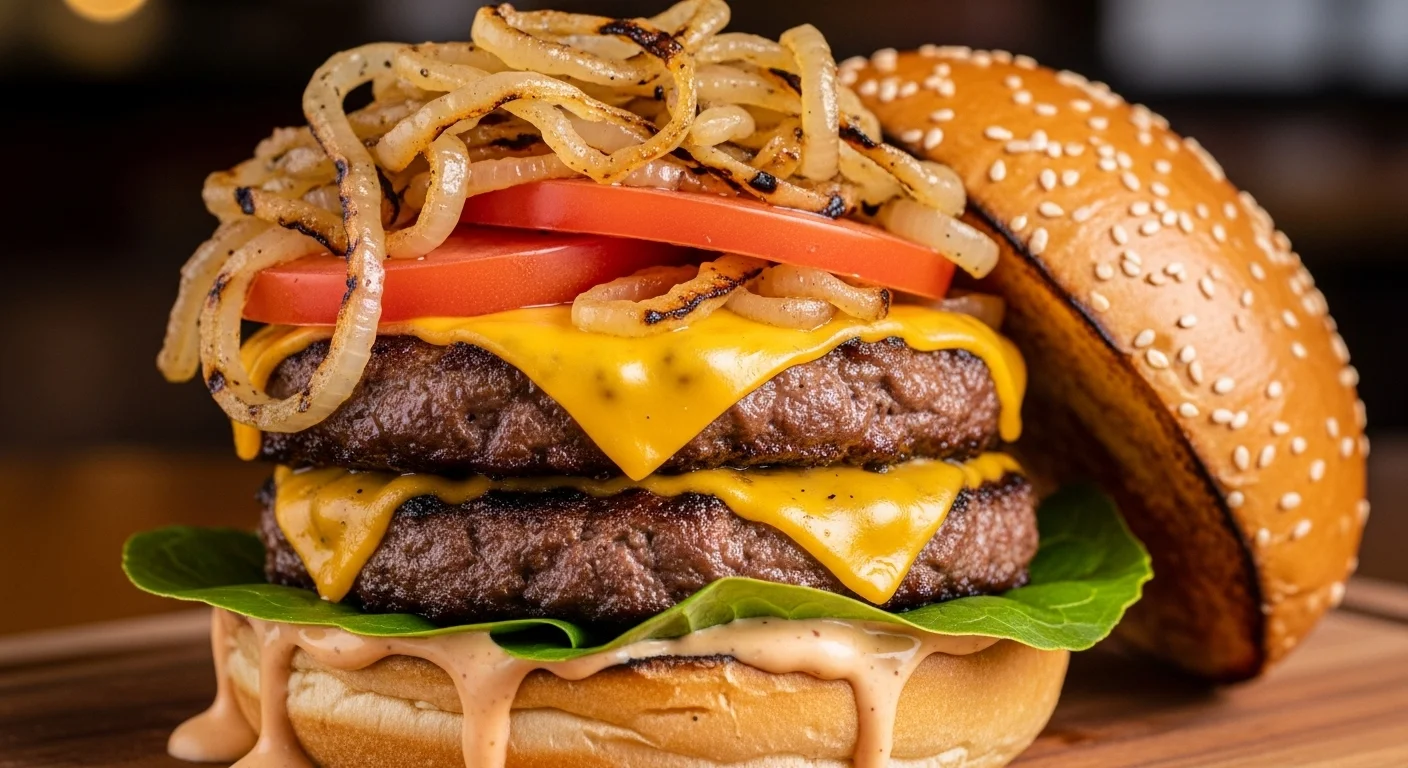 A delicious Flying Dutchman Burger with melted cheese and fresh toppings.