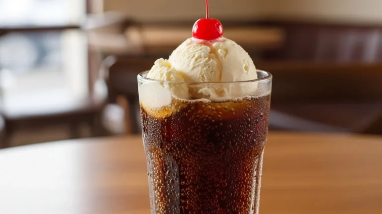 A delicious root beer float topped with whipped cream and a cherry.