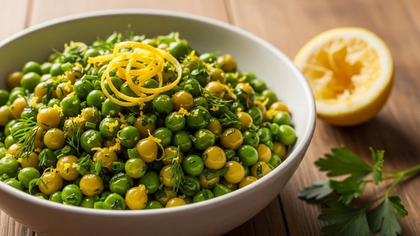 A bowl of butter peas garnished with fresh herbs and lemon zest.