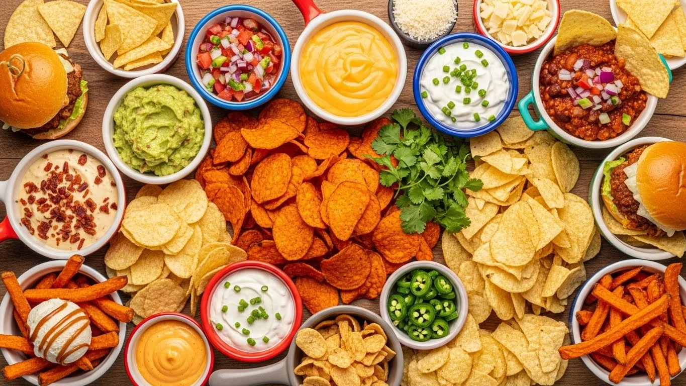 Different serving ideas for chips, including dips and toppings.