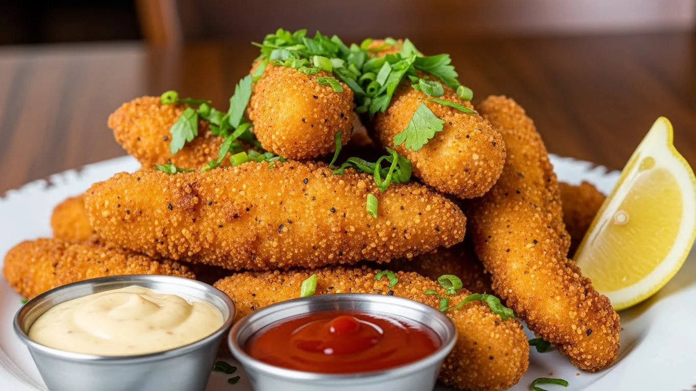 A delicious plate of crispy chicken fry garnished with herbs and served with a dipping sauce.
