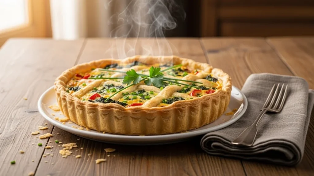 A freshly baked quish, golden brown and garnished with herbs.