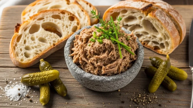A serving of duck rillettes on a wooden board with bread and pickles.