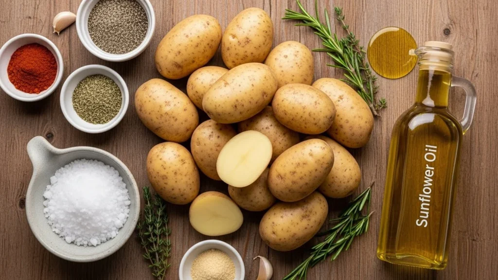 Ingredients for making chips, including potatoes, oil, and seasonings.