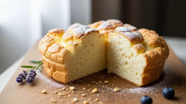 Freshly baked cloud bread on a rustic wooden board, highlighting its light and fluffy texture.