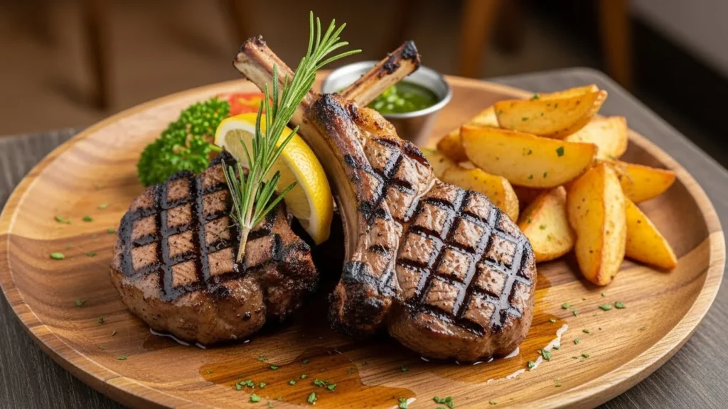 Grilled mutton chops served with fresh herbs and sides.