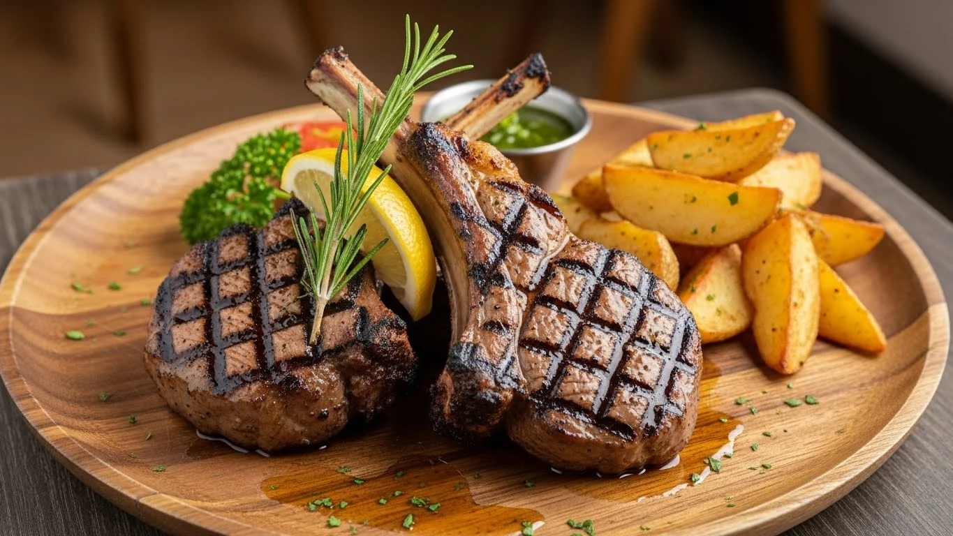 Grilled mutton chops served with fresh herbs and sides.