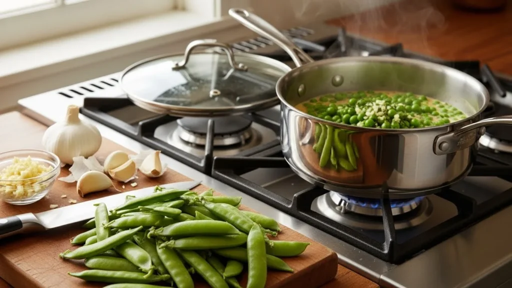 A step-by-step guide to making butter peas, featuring fresh ingredients and cooking utensils.