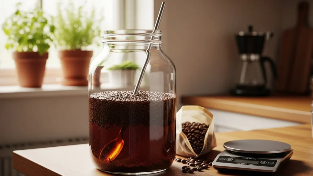 A step-by-step process of making cold brew coffee with ingredients and tools displayed.