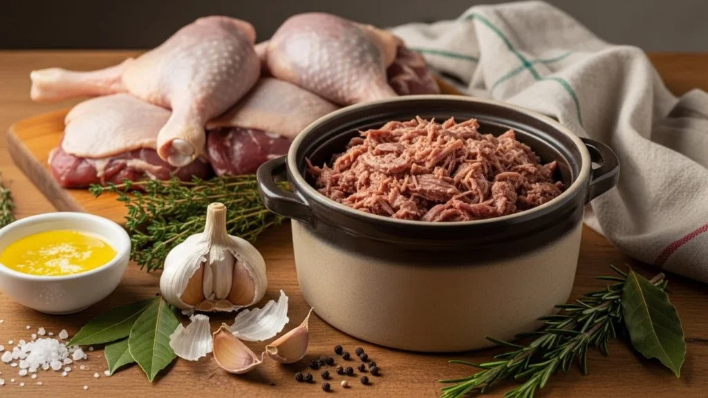 A pot of duck rillettes simmering with garlic and herbs, surrounded by fresh ingredients.