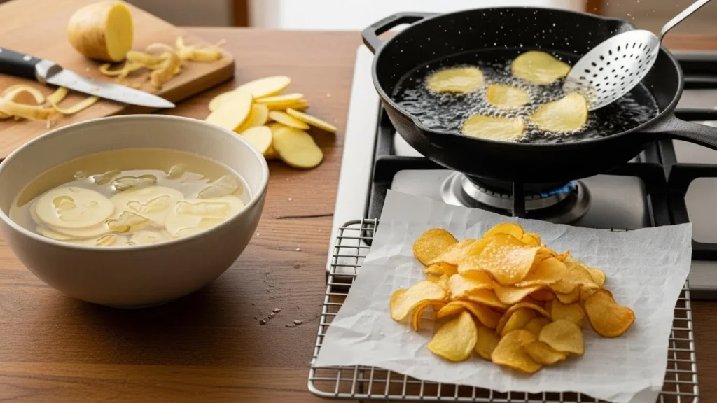 Step-by-step process of making homemade chips, including ingredients and frying.