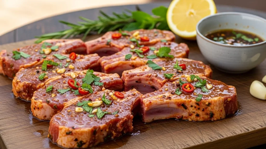 Marinated mutton chops in a bowl with spices and herbs.