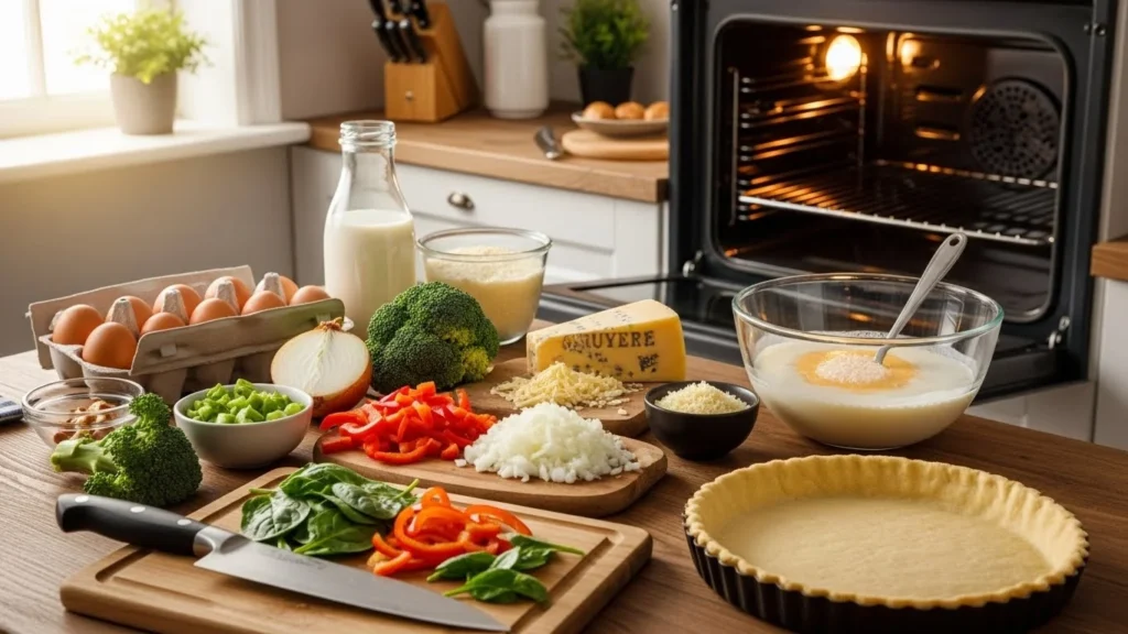 A kitchen scene with ingredients for making quish, including eggs, milk, cheese, and vegetables.