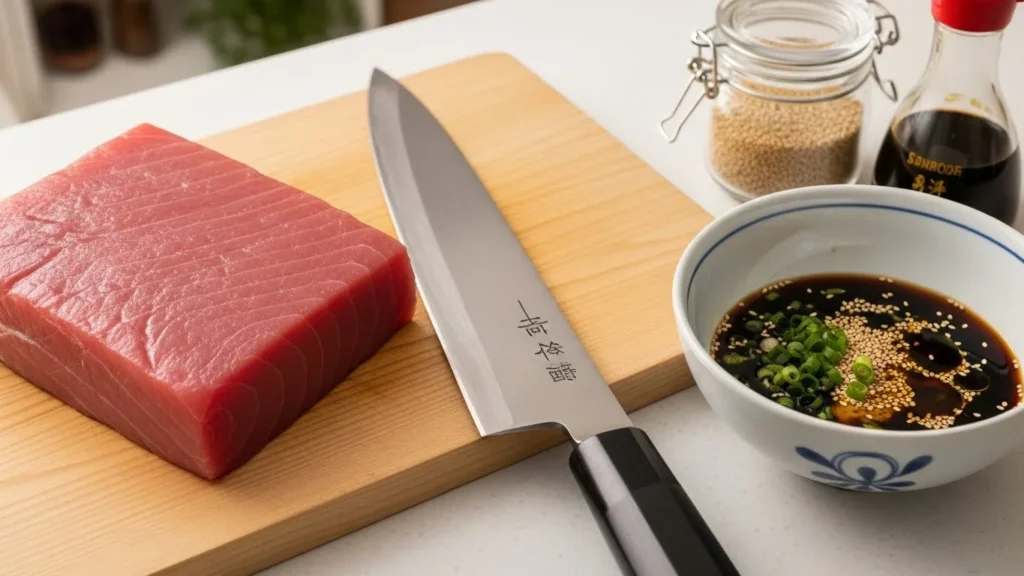 Preparation of raw tuna dish with fresh ingredients and marinade.