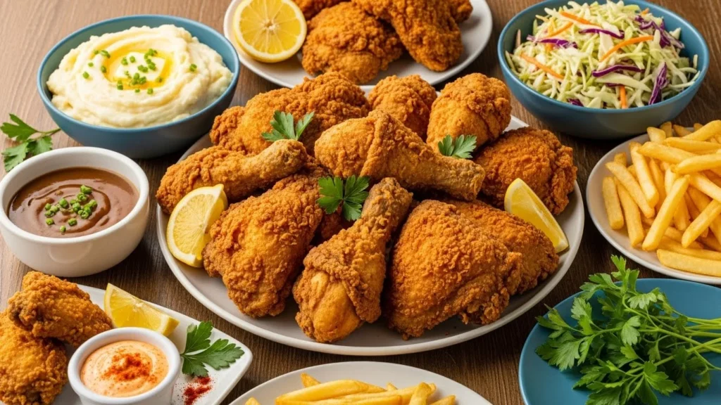 Serving suggestions for chicken fry, including lemon wedges, dips, and sides.