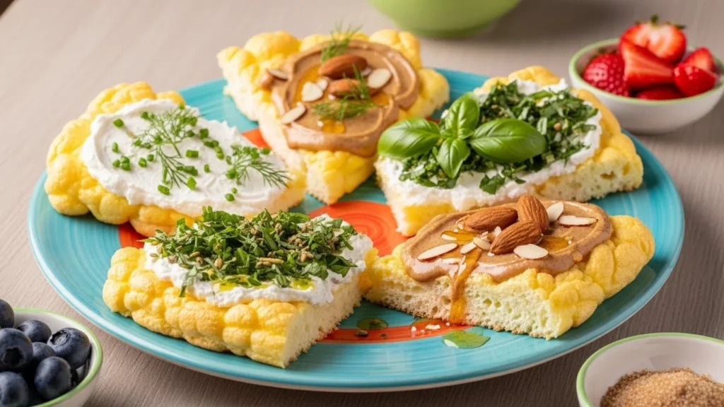Different serving ideas for cloud bread, including toppings like cream cheese, almond butter, and fresh herbs on a colorful plate.