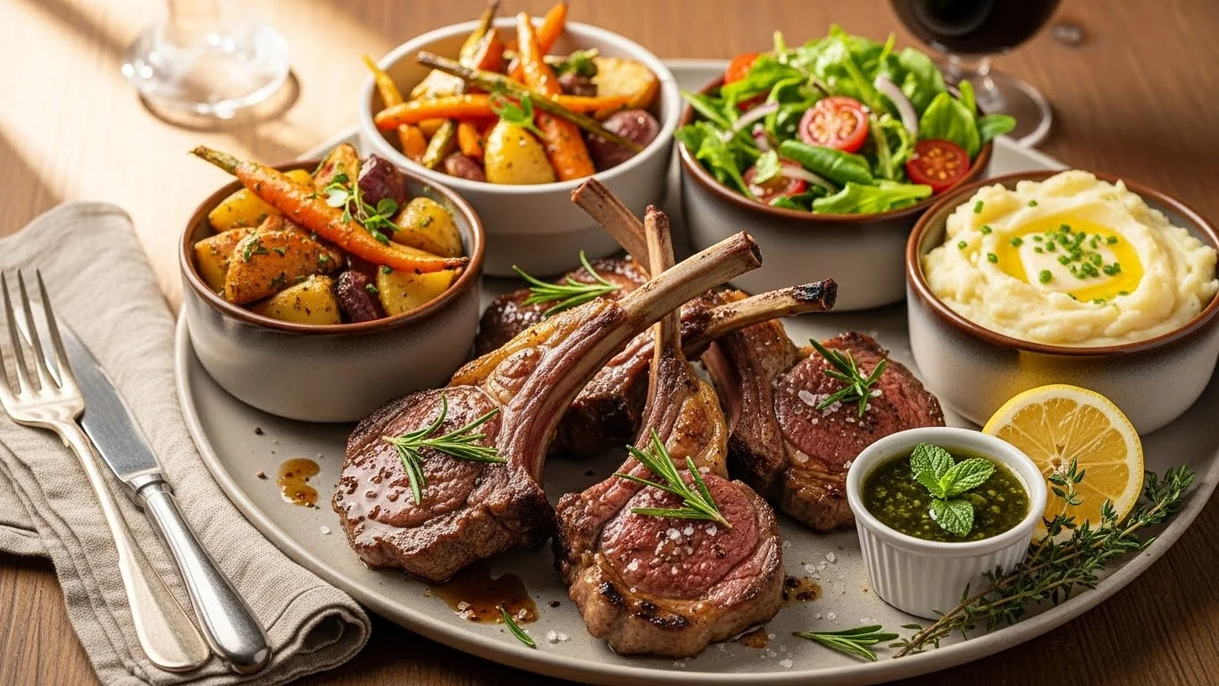 Mutton chops served with sides and garnishes.