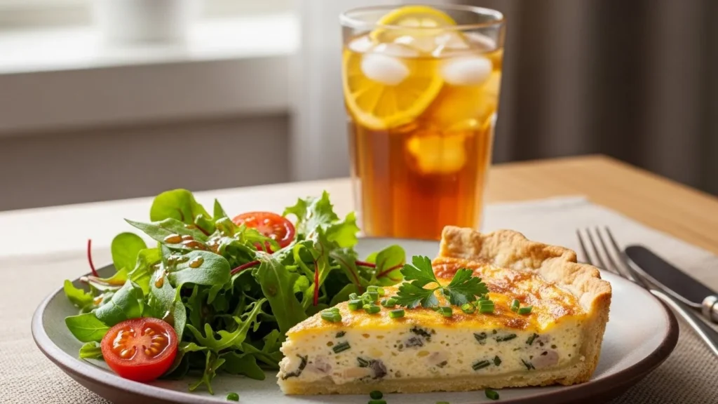 Served quish with salad and iced tea.