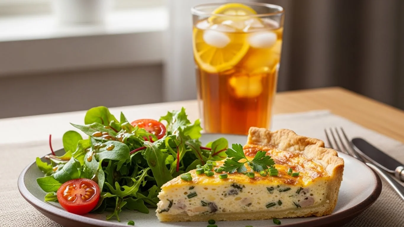 Served quish with salad and iced tea.