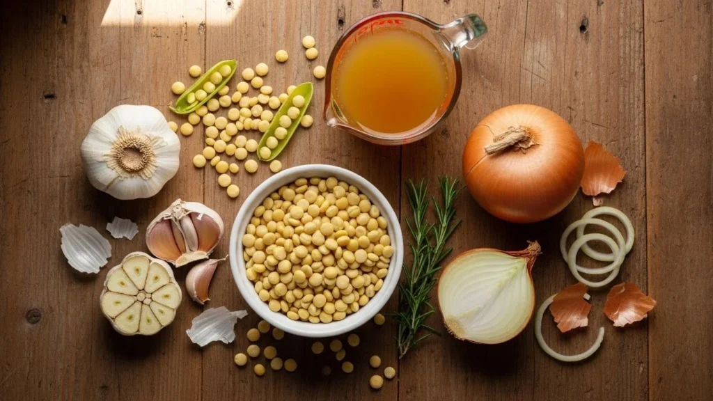 Ingredients for butter peas displayed on a wooden table.