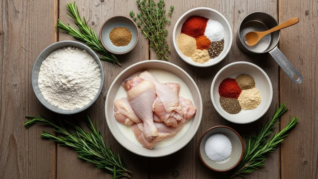 Ingredients for chicken fry including chicken pieces, buttermilk, flour, and spices.