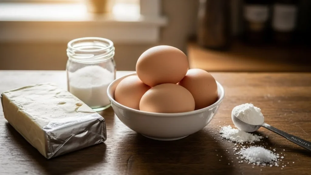 Ingredients for cloud bread including eggs, cream cheese, baking powder, salt, and sweetener arranged on a wooden countertop.