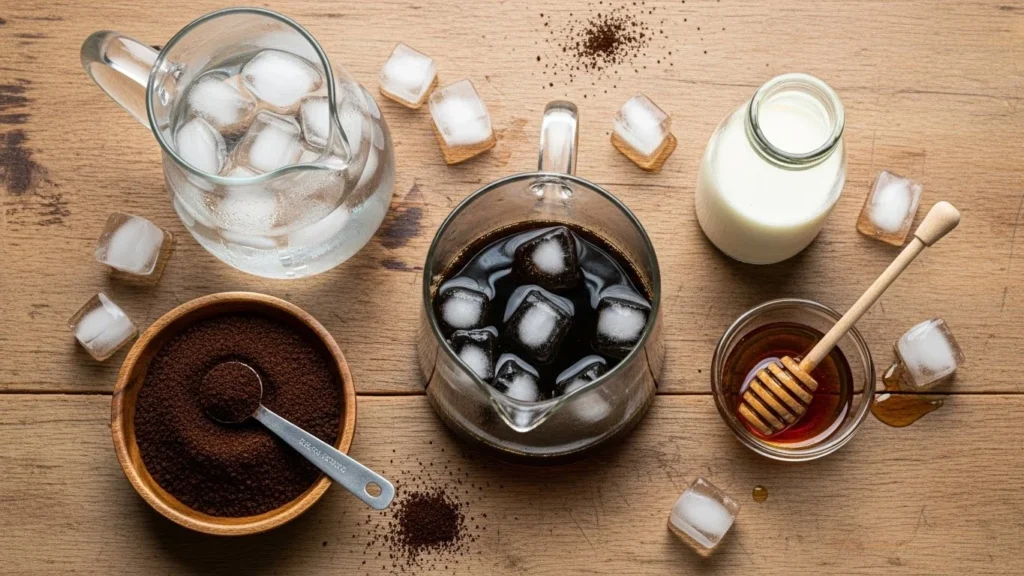 Ingredients for making cold brew coffee displayed on a wooden table.