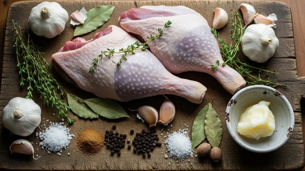 Ingredients for duck rillettes displayed on a wooden cutting board.