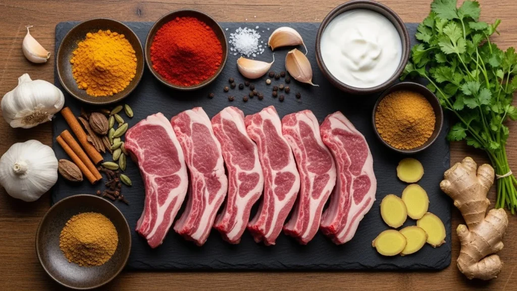 Ingredients for mutton chops including mutton, garlic, ginger, and spices.