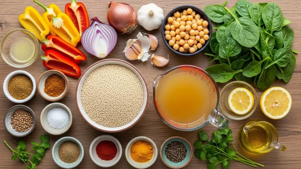 A colorful array of ingredients for quish, including quinoa, vegetables, and spices.