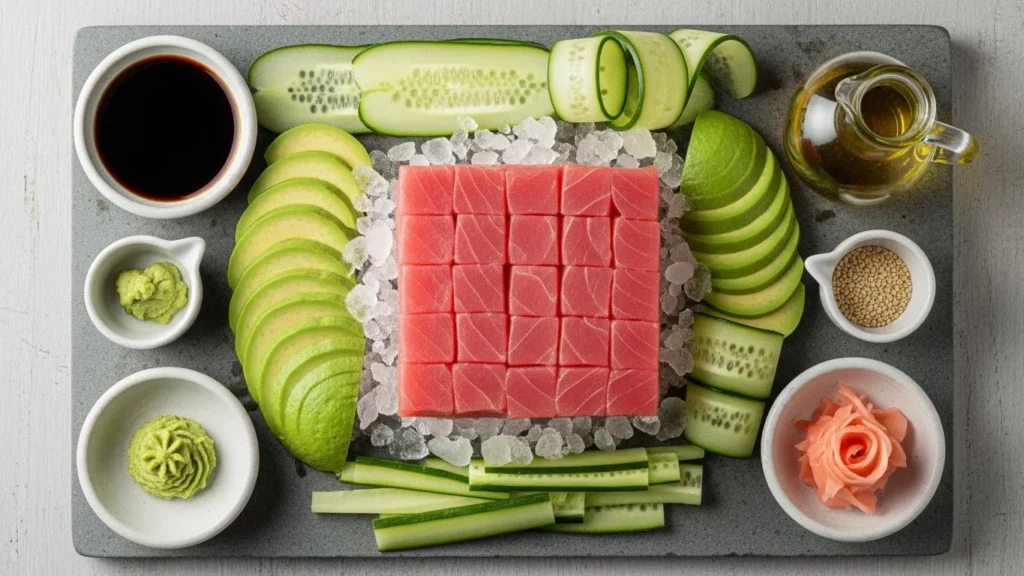 Ingredients for a raw tuna recipe displayed beautifully.