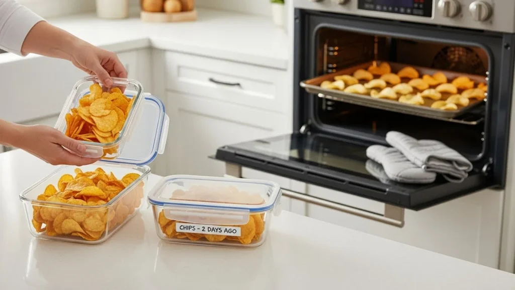 Storage and reheating tips for leftover chips.