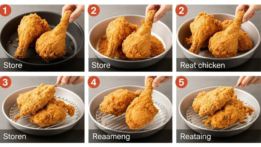 Instructions for storing and reheating chicken fry, including airtight containers and oven settings.