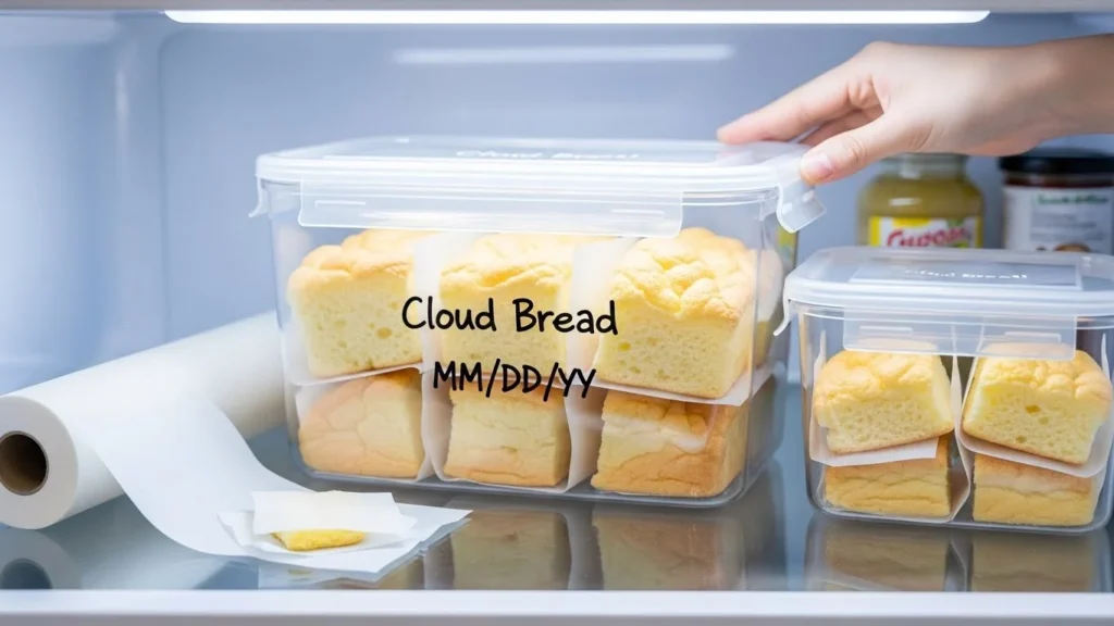 Storage tips for cloud bread, showing airtight containers and parchment paper in a refrigerator setting.