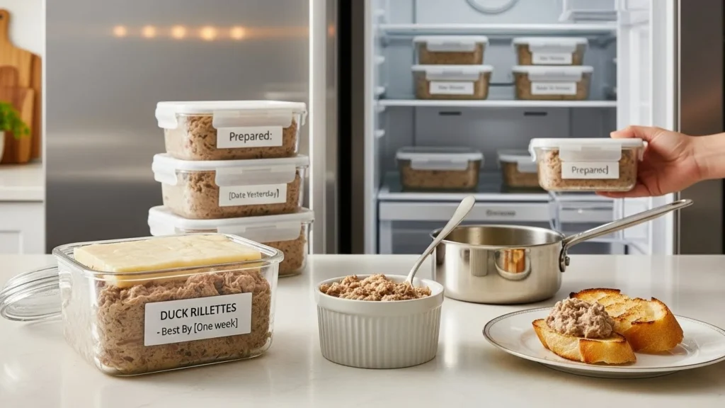 Storage and reheating instructions for duck rillettes.