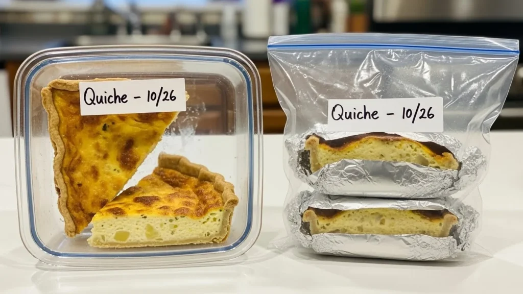 Storing quish leftovers in containers.