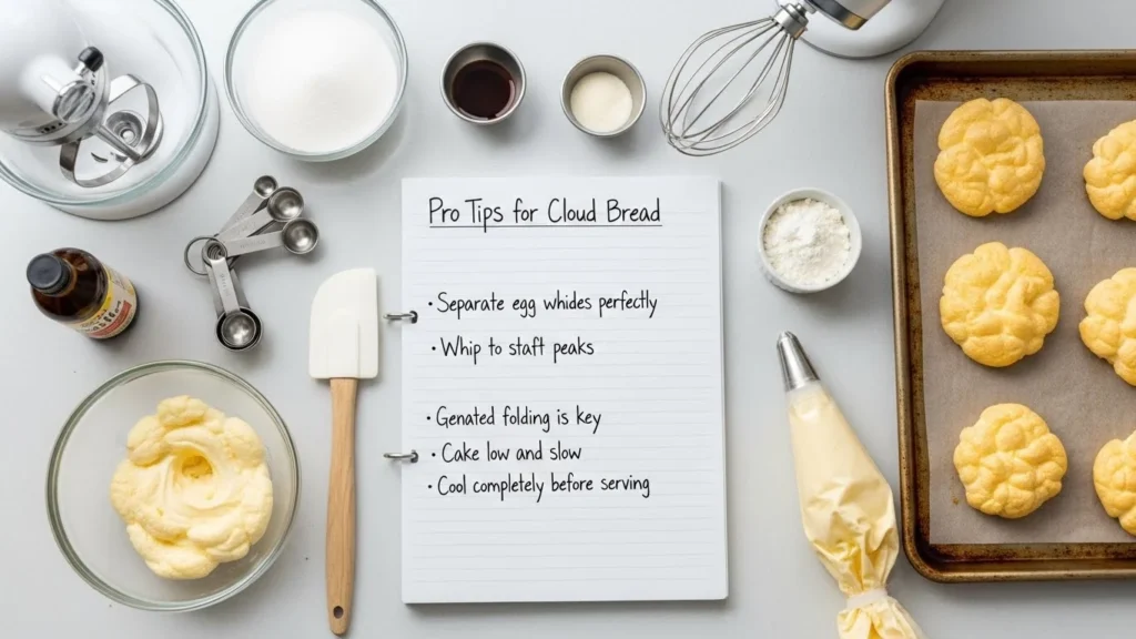 Pro tips for making cloud bread displayed on a notepad with ingredients and tools in the background.