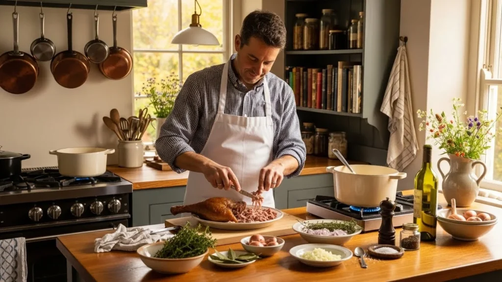 A chef preparing duck rillettes in a cozy kitchen.
