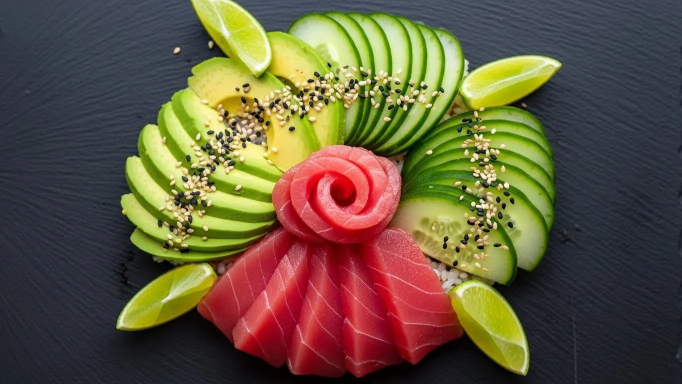 A beautifully plated raw tuna dish with vibrant colors.
